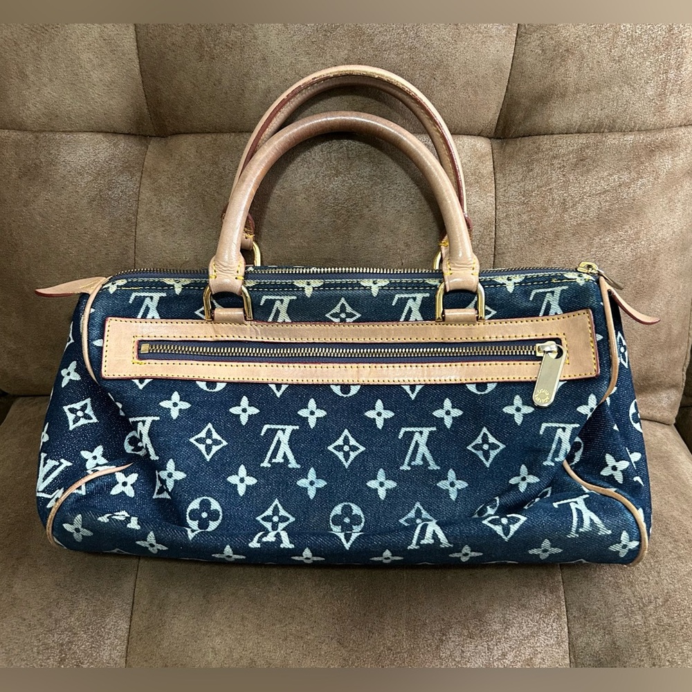 LV Logo Printed, Dark Blue Denim, Bowling Style Bag - Picture 5 of 8